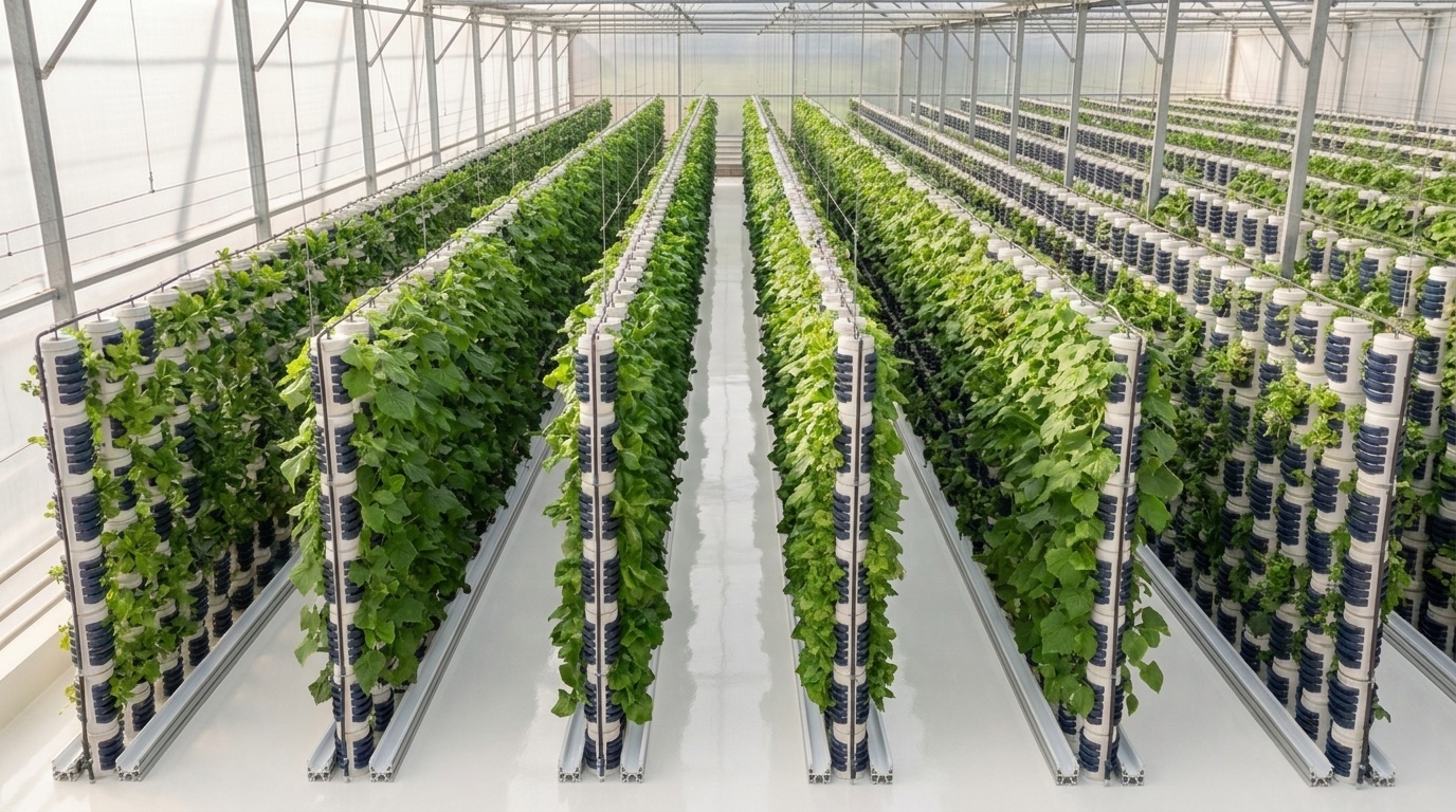 Inside a blueleaves growing house — lanes of tower columns under diffused light