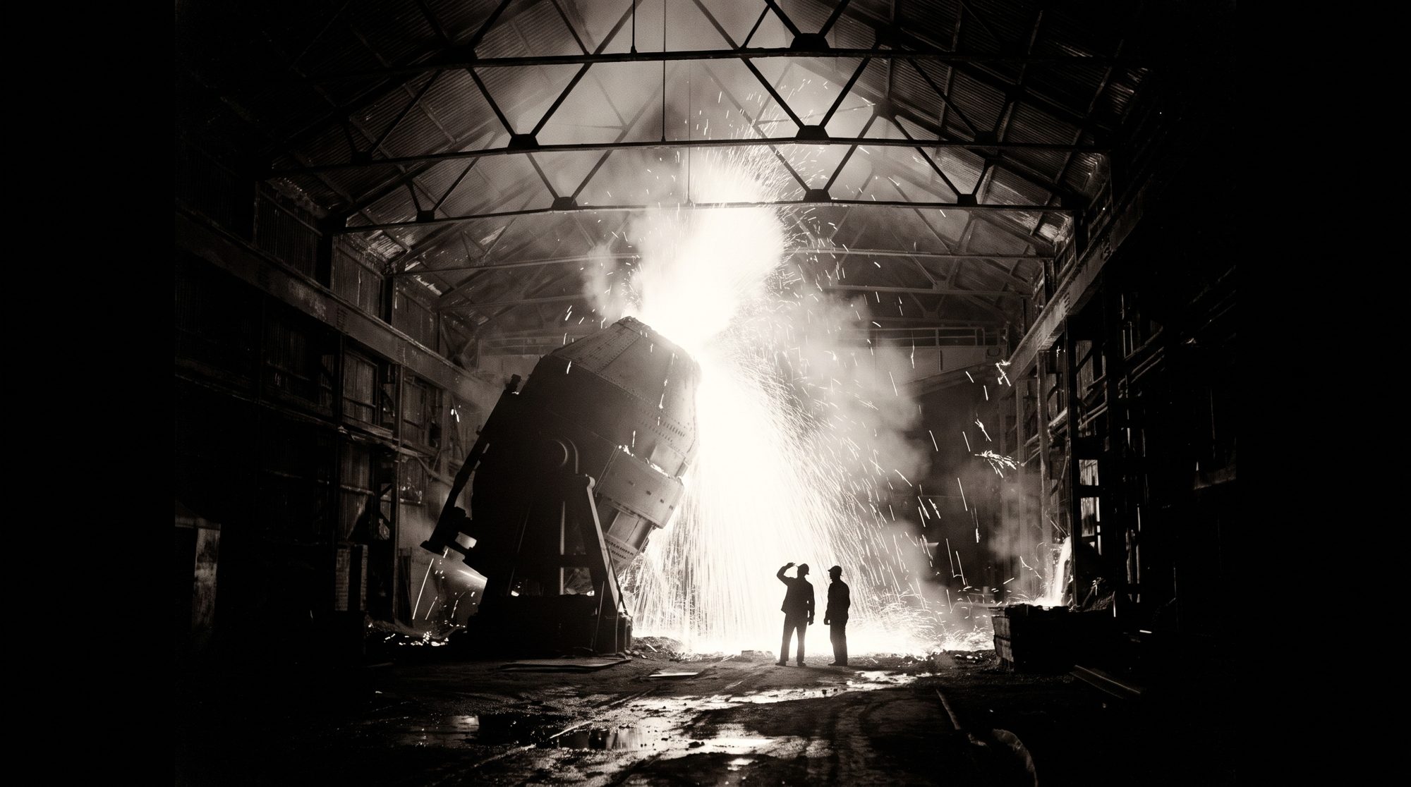 A dreamed evocation of a Bessemer converter blow — a fountain of sparks in a dark shed