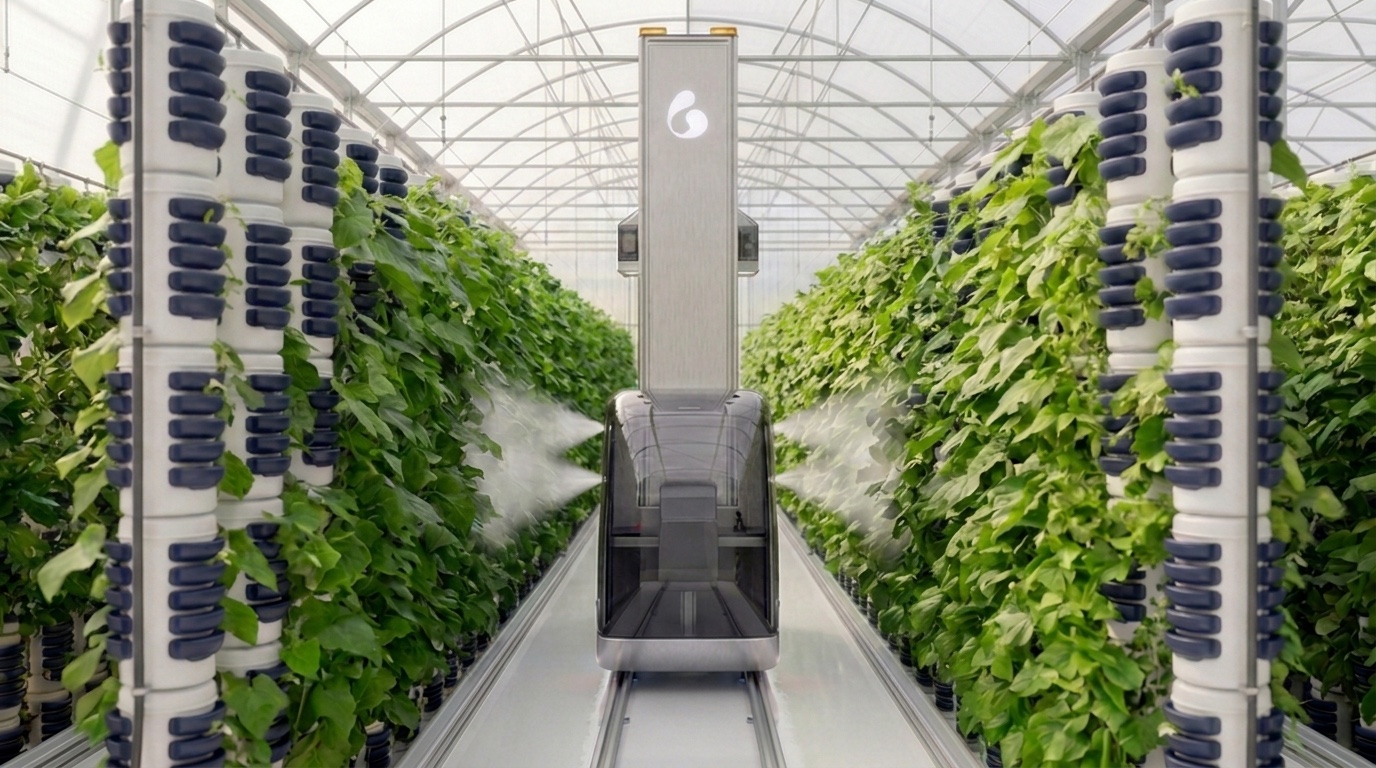 The H-05 working an aisle — misting both tower walls, concept study