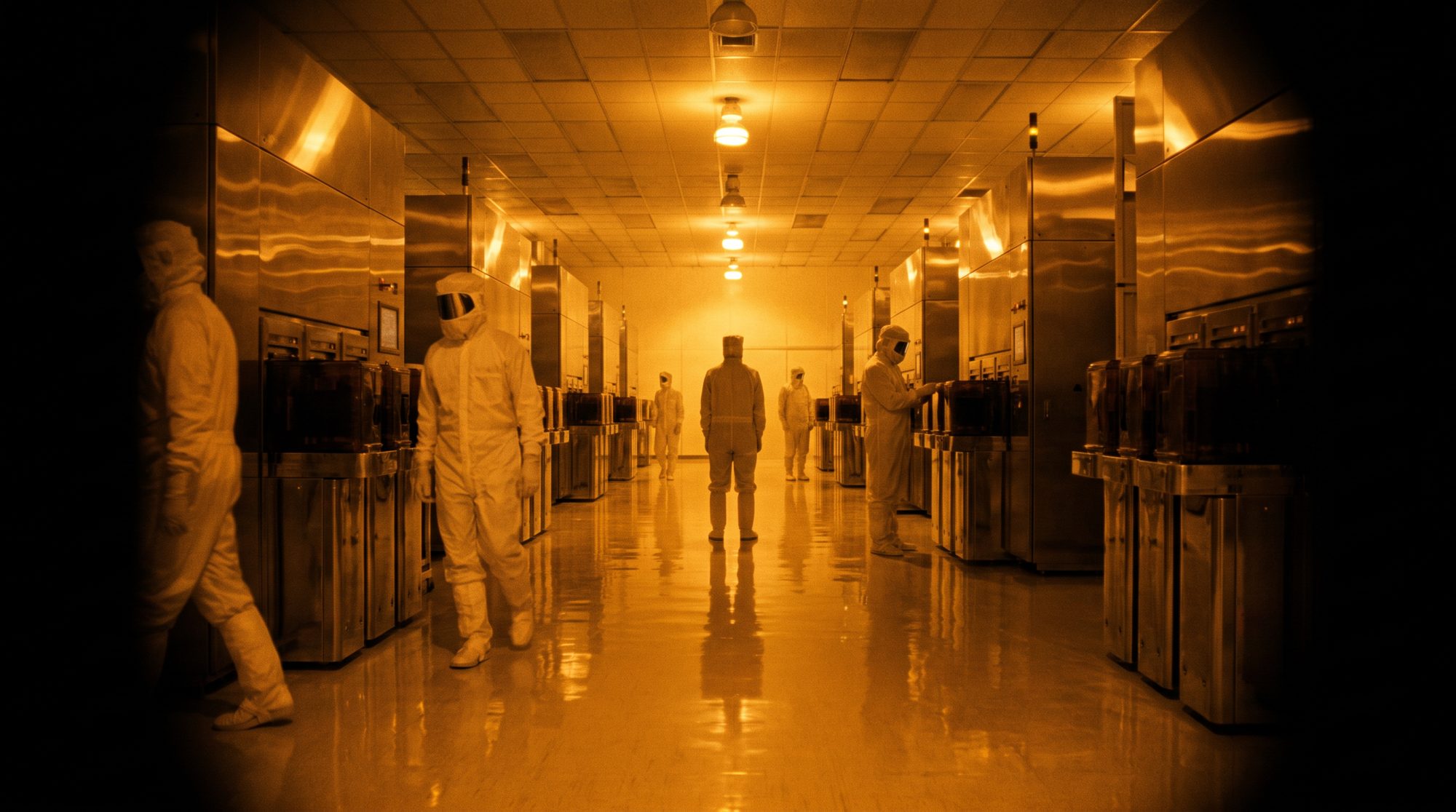 A dreamed evocation of a semiconductor cleanroom in amber safelight