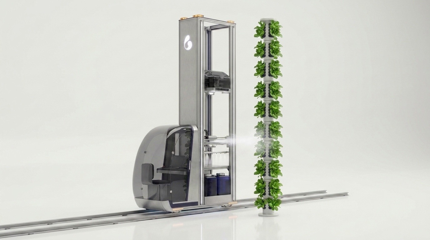 The H-05 tending a grow tower — mist from the care carriage, concept study