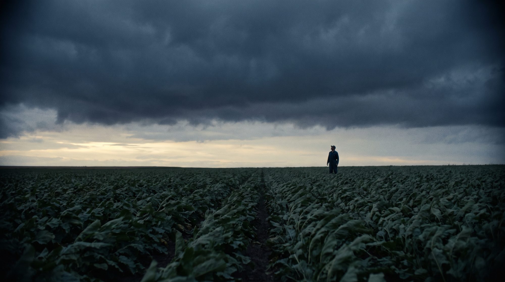 A storm-dusk crop field, a lone farmer watching the sky