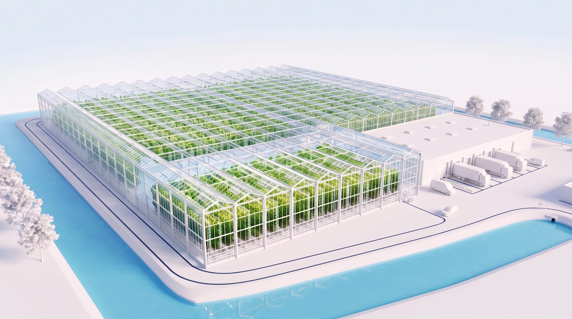 Concept model of the blueleaves facility — white structure, glass roof, water ring