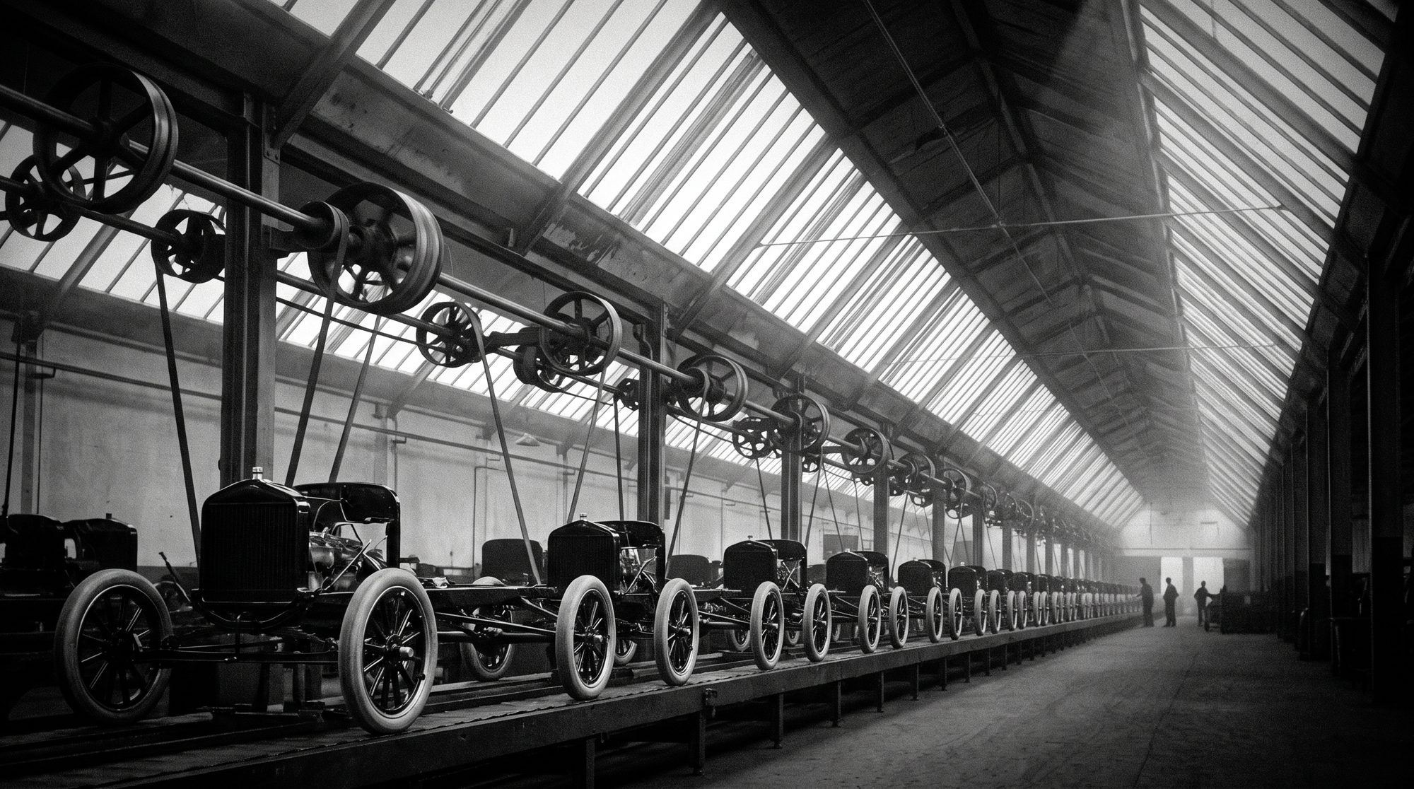 A dreamed evocation of the 1913 moving assembly line under sawtooth light