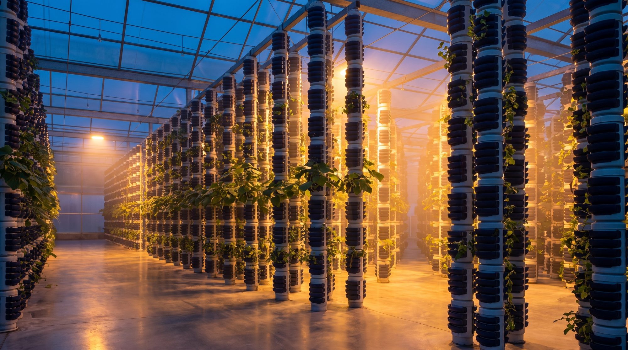 The growing system at dusk, glowing from inside — refined study