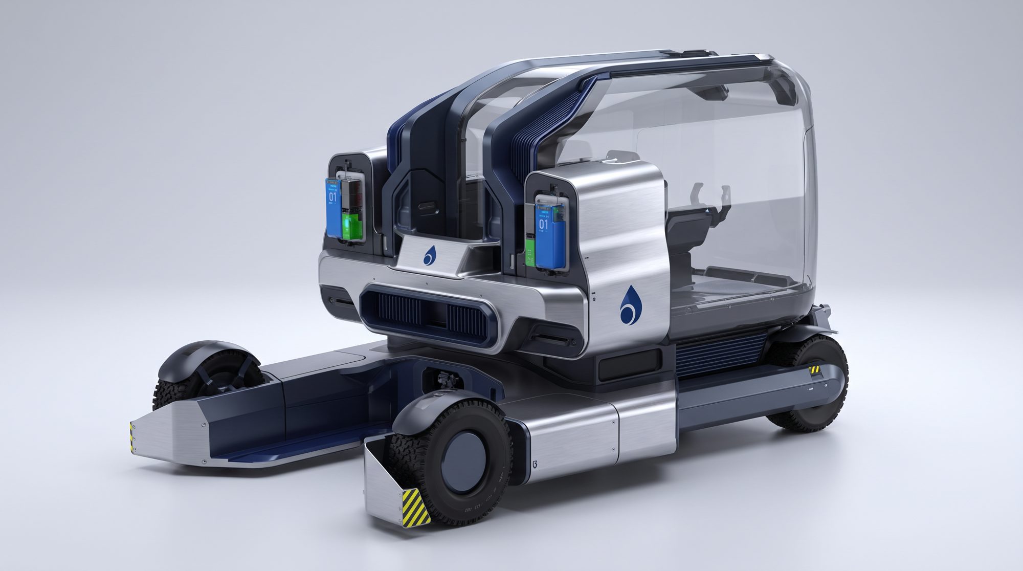 Concept study of the blueleaves grow-rover — brushed aluminium and navy