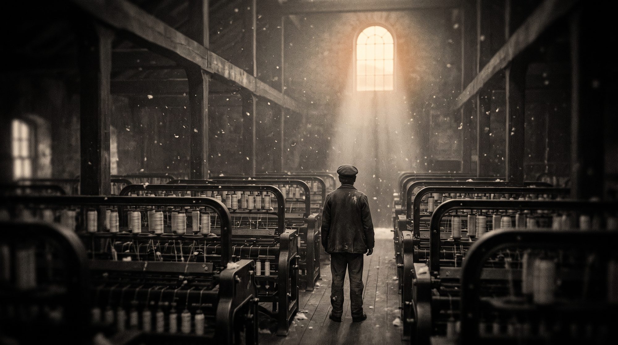 A dreamed evocation of an 1840s cotton mill — a lone worker dwarfed among spinning frames