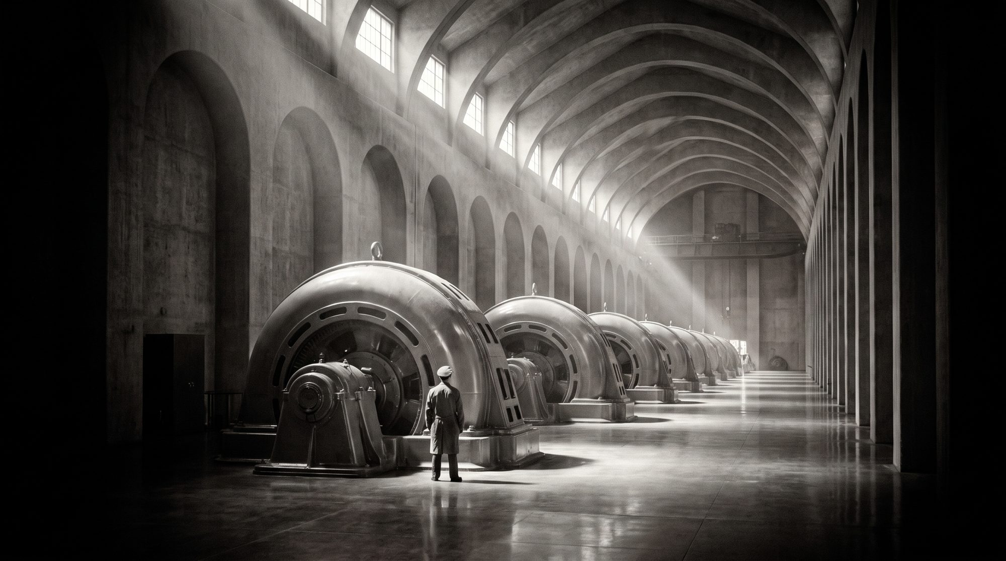 A dreamed evocation of a 1930s turbine hall — generators beneath cathedral light