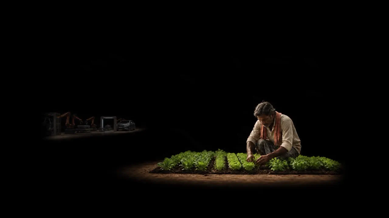 A farmer tending living crops after the story of industrialized craft